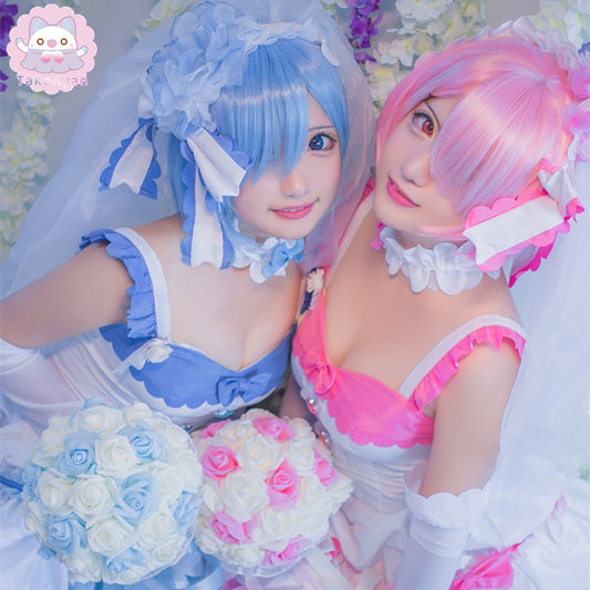 【Takonyan】Anime Re:Life in a Different World From Zero Rem Ram Cosplay Costume Women   Wedding Dresses Bouquet short skirt wedding dress