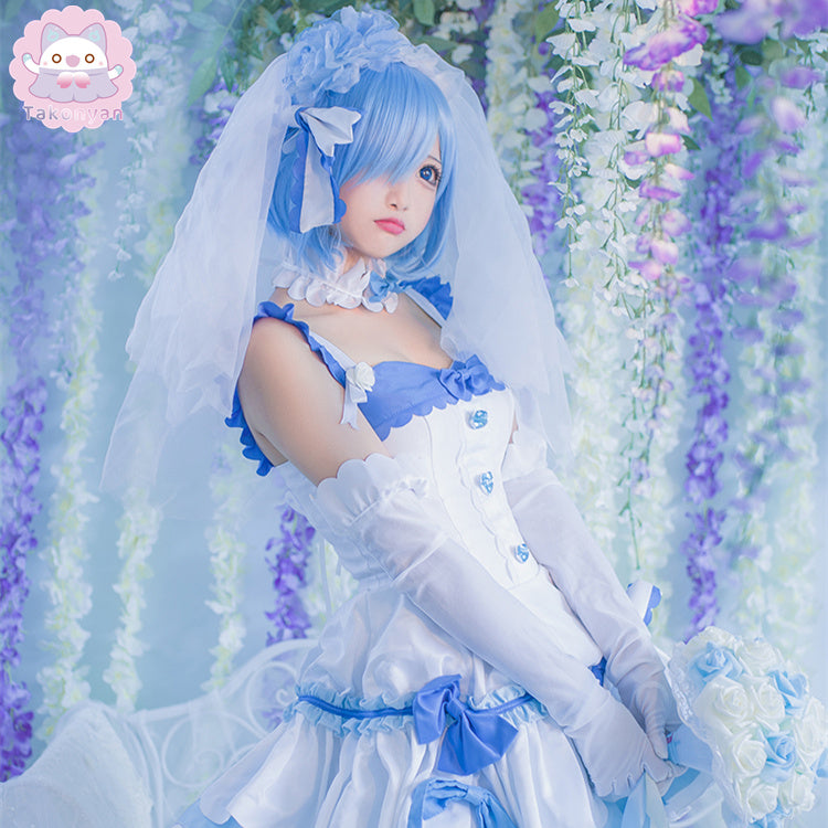 【Takonyan】Anime Re:Life in a Different World From Zero Rem Ram Cosplay Costume Women   Wedding Dresses Bouquet short skirt wedding dress