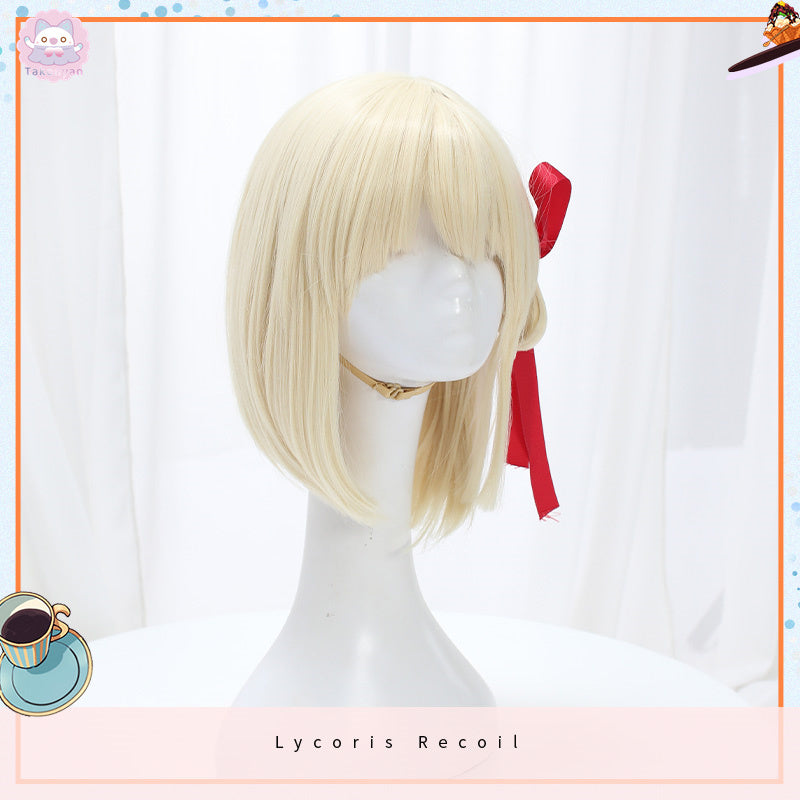 【Ready for ship】Anime Lycoris Recoil Nishikigi Chisato Cosplay Wig 30cm Short Light Golden Heat Resistant Synthetic Hair Wigs Ribbon + Wig Cap