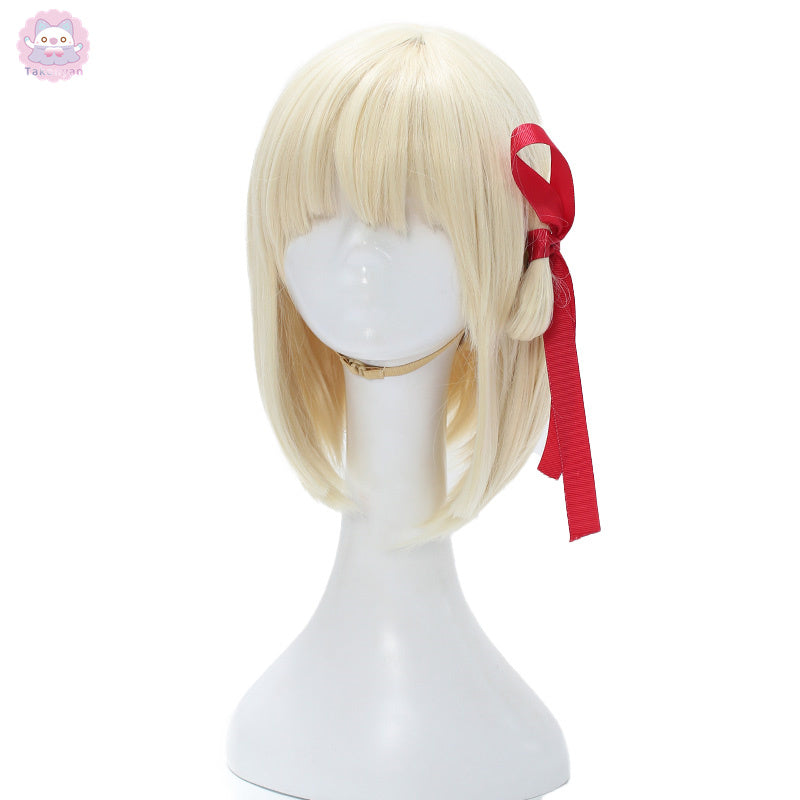 【Ready for ship】Anime Lycoris Recoil Nishikigi Chisato Cosplay Wig 30cm Short Light Golden Heat Resistant Synthetic Hair Wigs Ribbon + Wig Cap